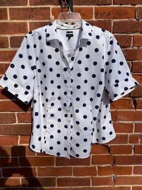 Talbots Sz 20WP White Short-Sleeve Navy Polka Dot Blouse Wrinkle Resistant